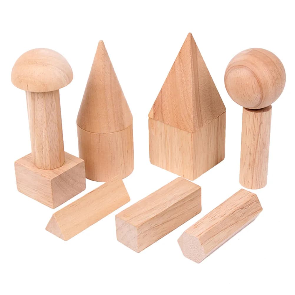 Set di 12 Blocchi Geometrici in Legno Liscio, Forme 3D Educative per Bambini: Cubo, Cilindro, Cono, Cuboide