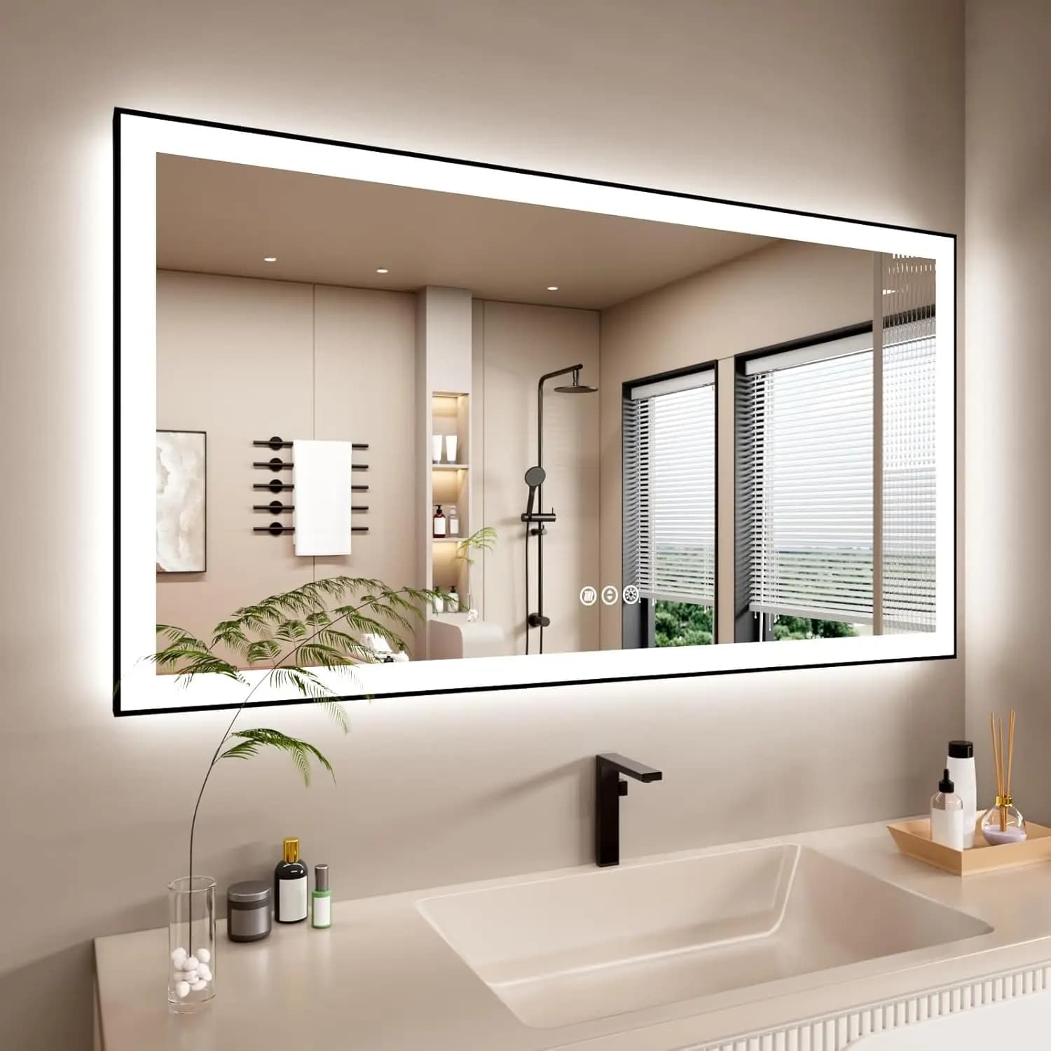 Specchio da Bagno 55x30 Pollici con Cornice Nera, Retroilluminato, Dimmerabile, Antiappannamento con Memoria, Infrangibile