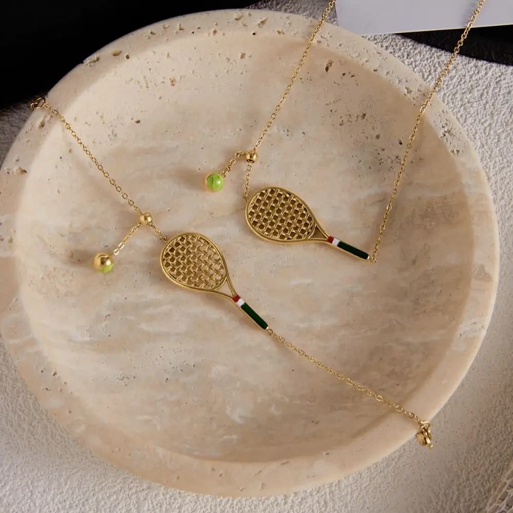 Metal Chain Tennis Racket Necklace 18K Gold Plated Oil Drip Enamel Tennis Racket Bracelet Retro Vintage Gold Clavicle Chain Girl