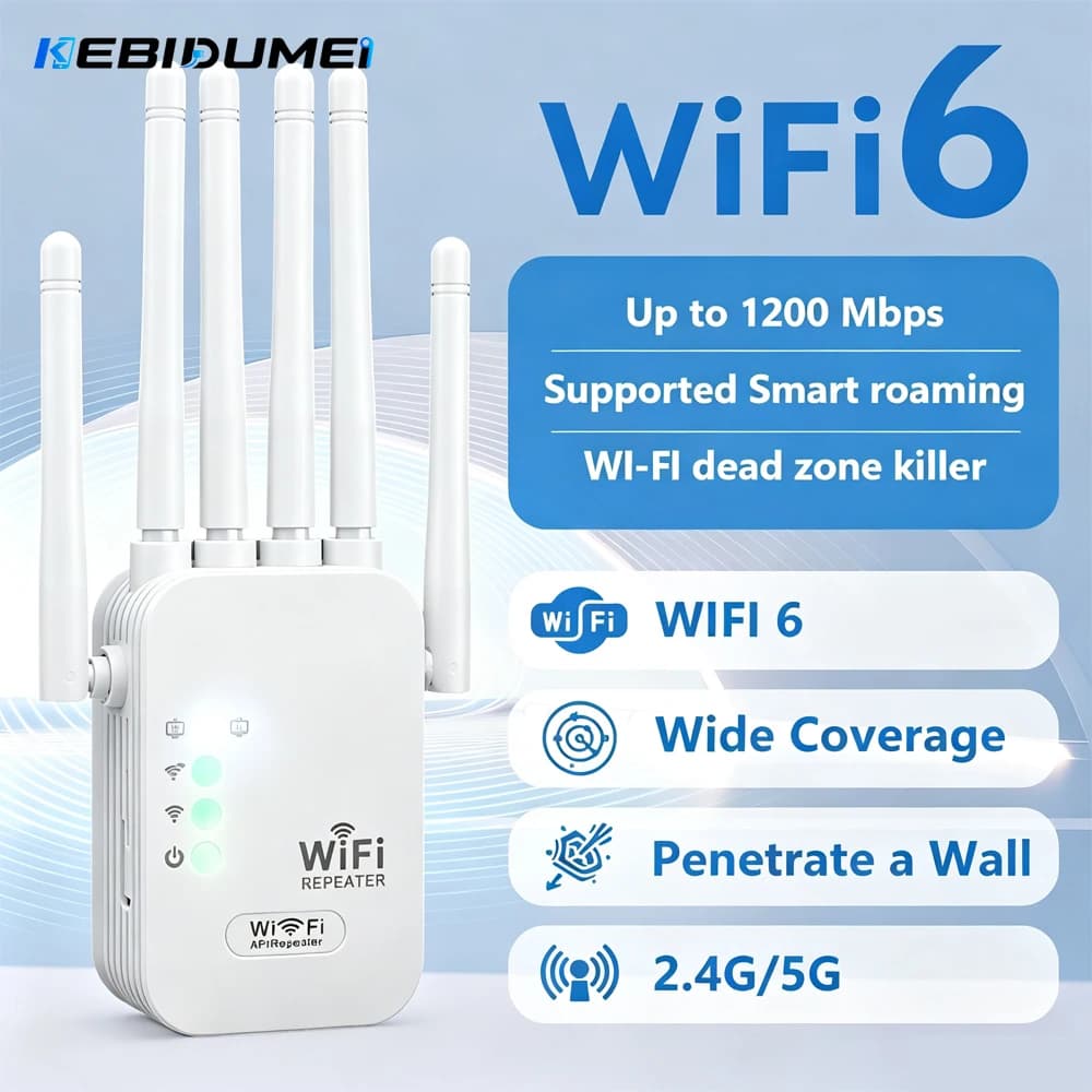 KEBIDUMEI 1200Mbps Wifi Repeater Dual Band 2.4G 5G Network Expander Range Extender Signal Booster Amplifier 6Antenna WiFi Router