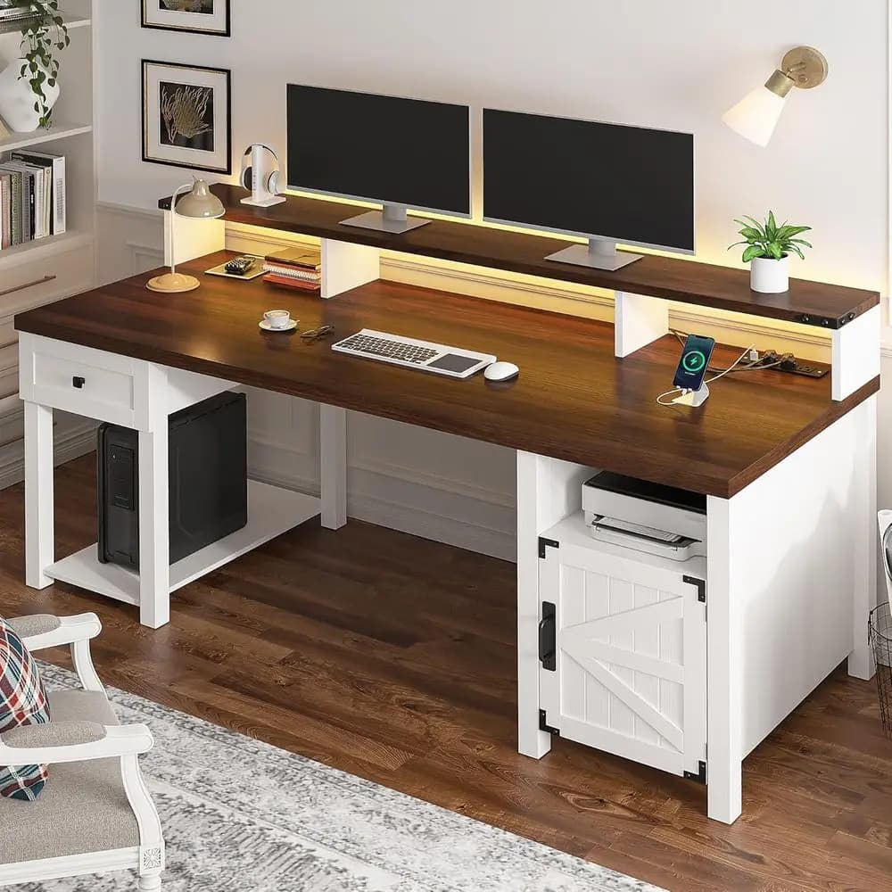 Scrivania da ufficio bianca 23 con spazio di archiviazione, supporto per monitor, spazio per stampante e prese di corrente per lavoro, studio, scrittura e gaming