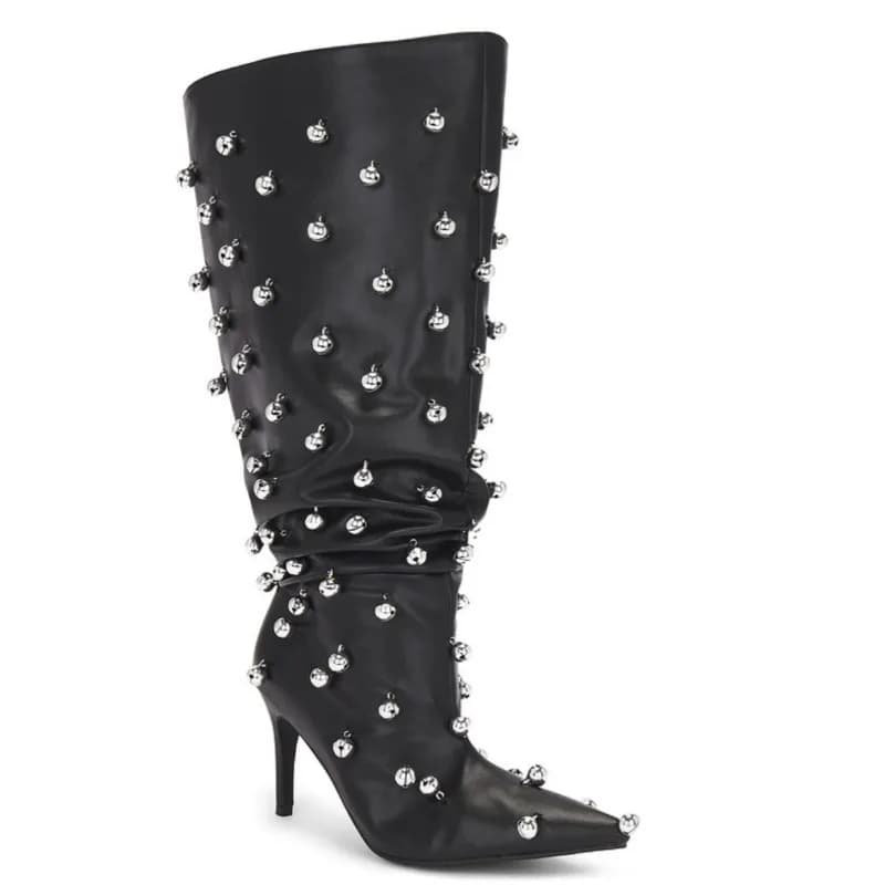 European niche design, high quality thin high heels, wide knee boots, women's boots with pleated sleeves with fashionable and sexy studs