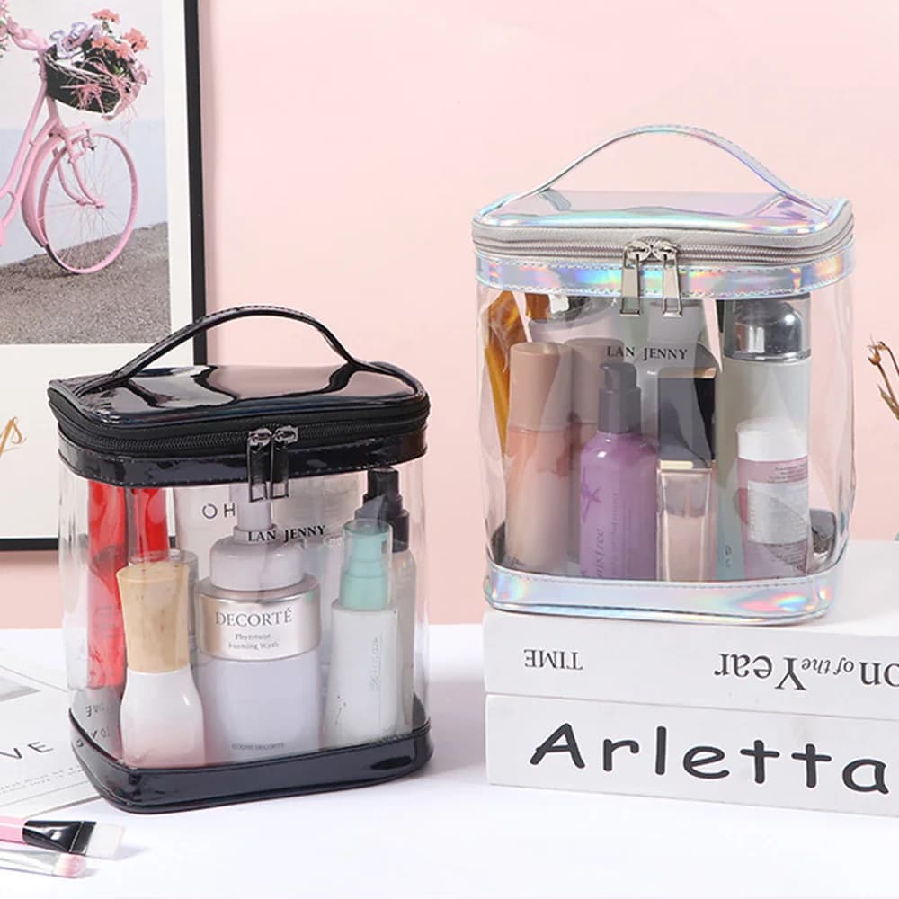 Clear PVC Makeup Bag with Handle, Transparent Travel Cosmetic Organizer, Waterproof TSA-Approved Toiletry Pouch