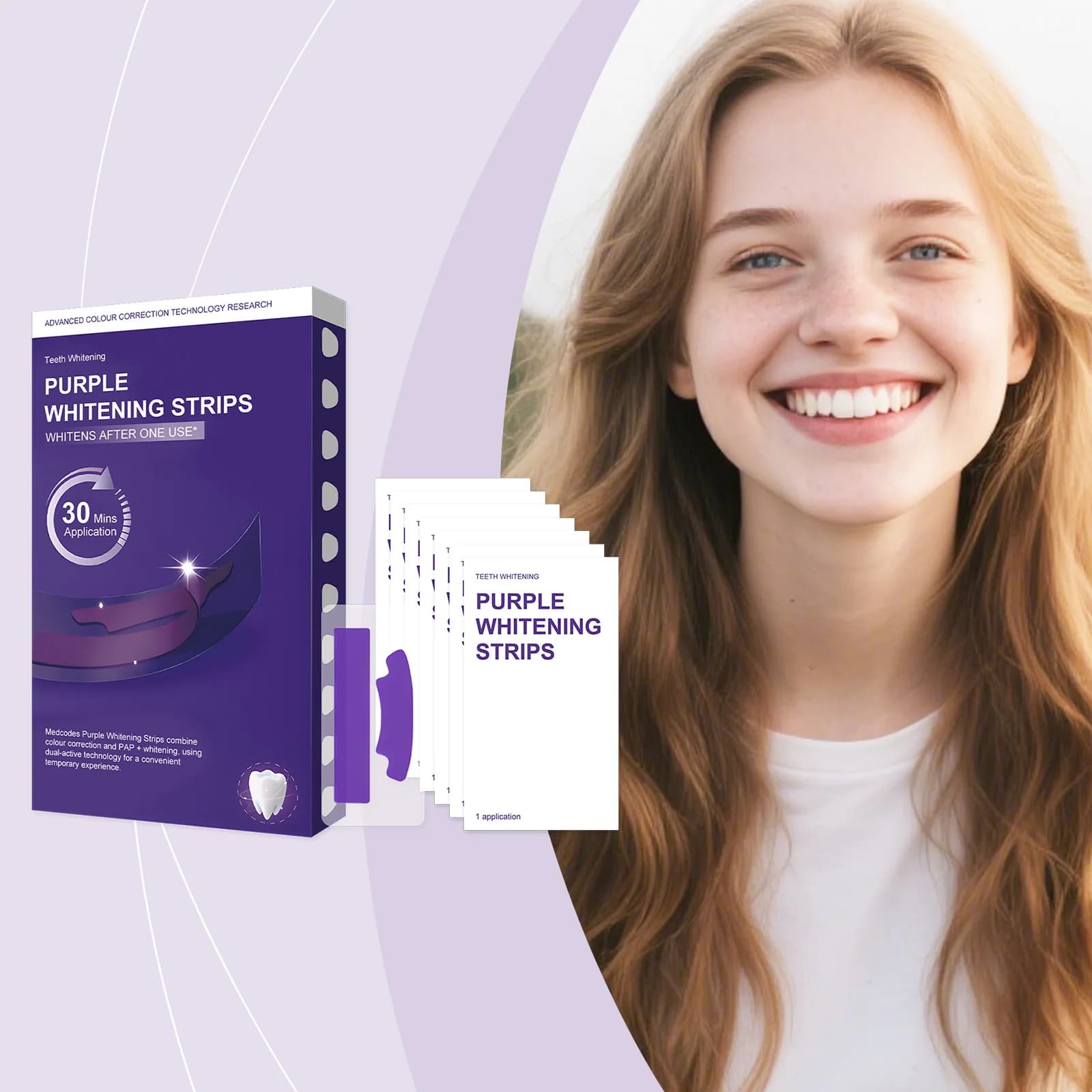Strisce sbiancanti viola per denti, ingredienti delicati per la cura dei denti, puliti e luminosi, alito fresco, pratiche strisce per denti