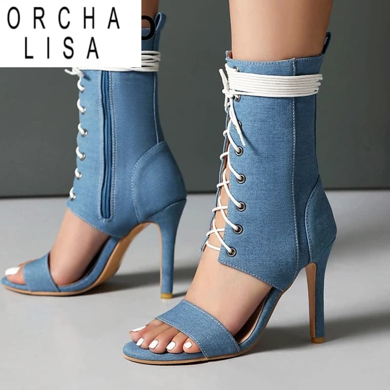 ORCHA LISA Fashion Party Sandals for Women Zipper Lace Up Ultrahigh Thin Heels 10.5cm Big Size 46 47 48 Sexy Dating Summer Shoes