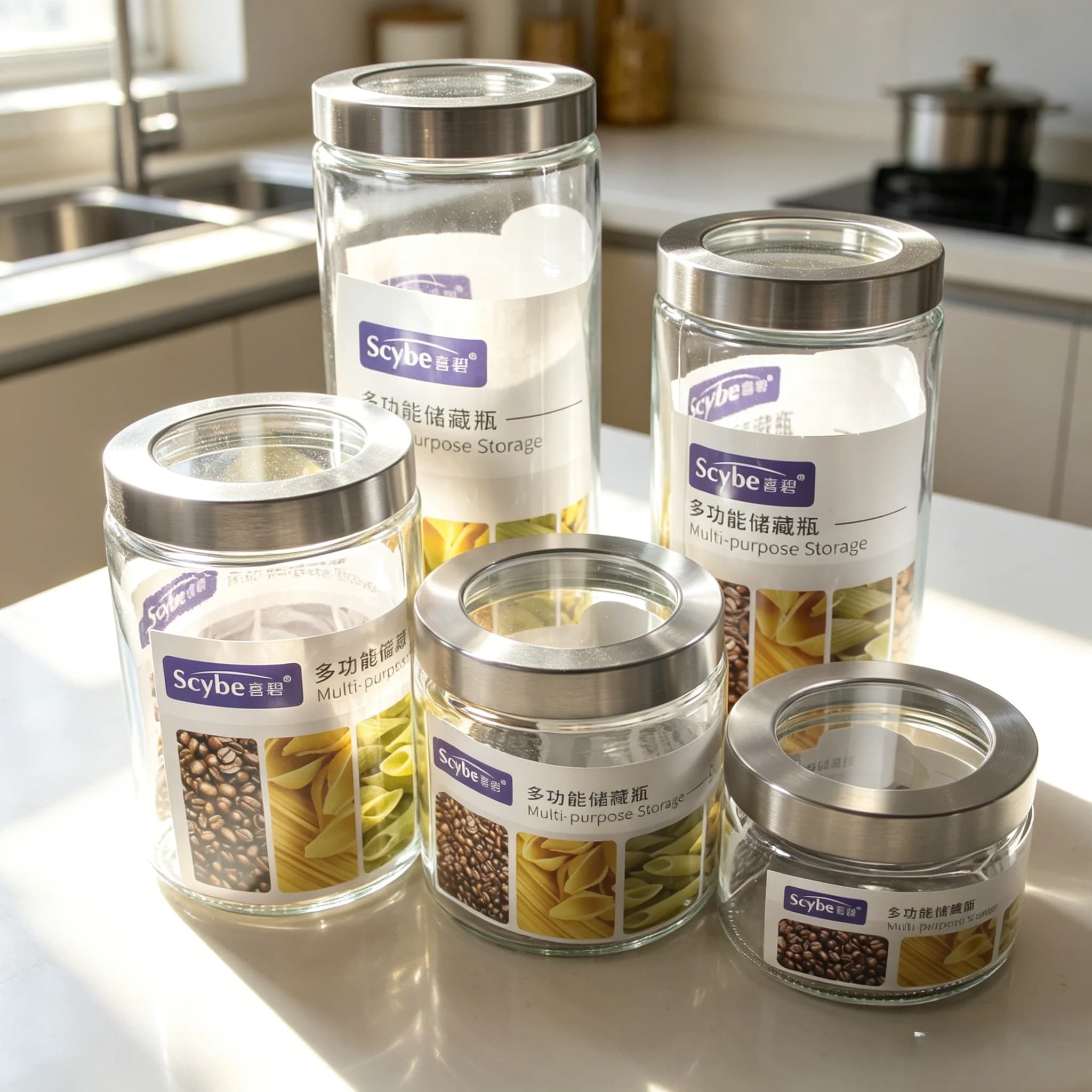 Scybe Glass Storage Canister Food Grade Lid Tea Noodles Dried Fruits Candy Visible Cover Stackable Kitchen Storage Containers
