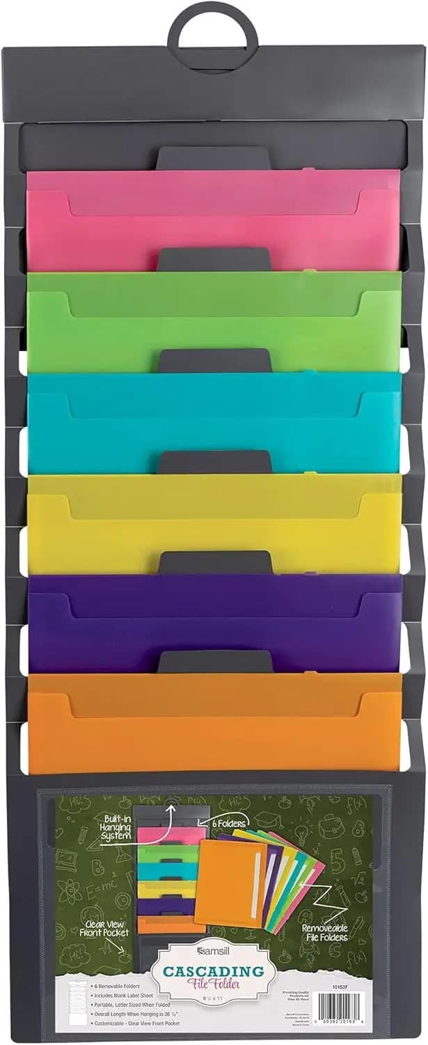 Organizzatore da Parete a Cascata con 6 Cartelle Rimovibili, Grigio e Colorato per Archiviazione in Aula o Ufficio