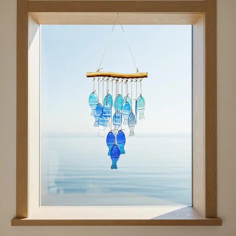 Blue Glass Wind Chimes Outdoor Fish Shape Handmade Chime for Patio Porch Balcony Home Garden Decor