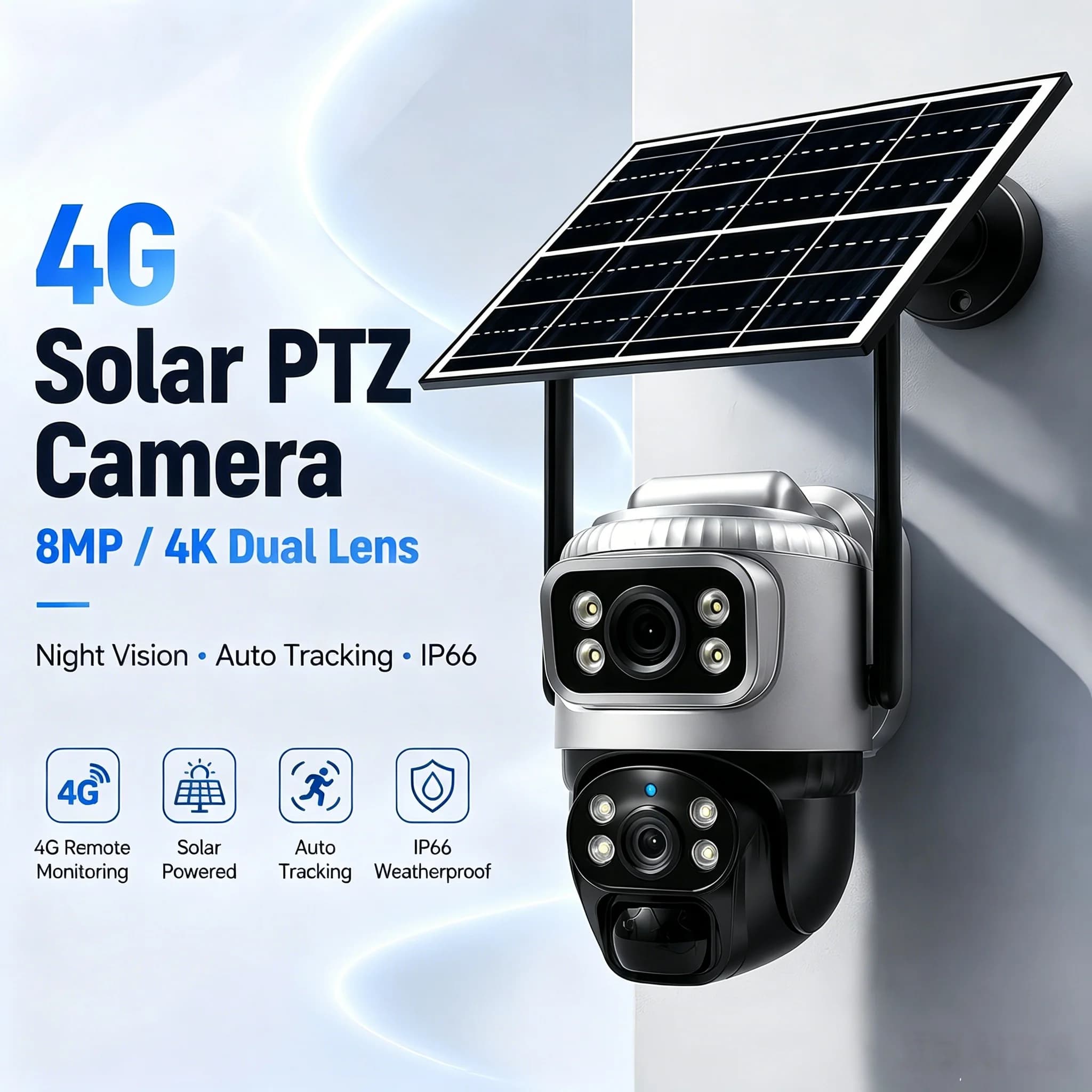 8MP 4K 4G Solar PTZ Security Camera Dual Lens Outdoor - 4G SIM Card, Auto Tracking, Full Color Night Vision, 2-Way Audio, IP66 W