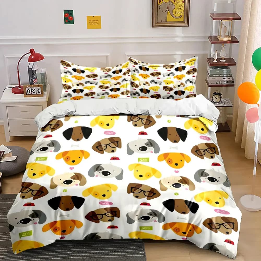Set di biancheria da letto con motivo cane dei cartoni animati, decorazione per la casa, morbido e confortevole, include 1 copripiumino e 2 federe, regalo