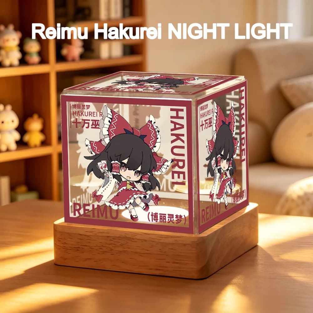 Reimu Pattern AcrylicCube LED Night LightWooden Base Desk Lamp StylishHomeDesktop AtmosphereLightingAnimeFan BirthdayHolidayGift