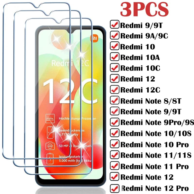 3 pz vetro temperato per Xiaomi Redmi Note 8 9 10 11 12 Pro 11S 10S 9S protezione dello schermo Redmi 9A 9C 10C 10A 9T 12C 13C 8A vetro