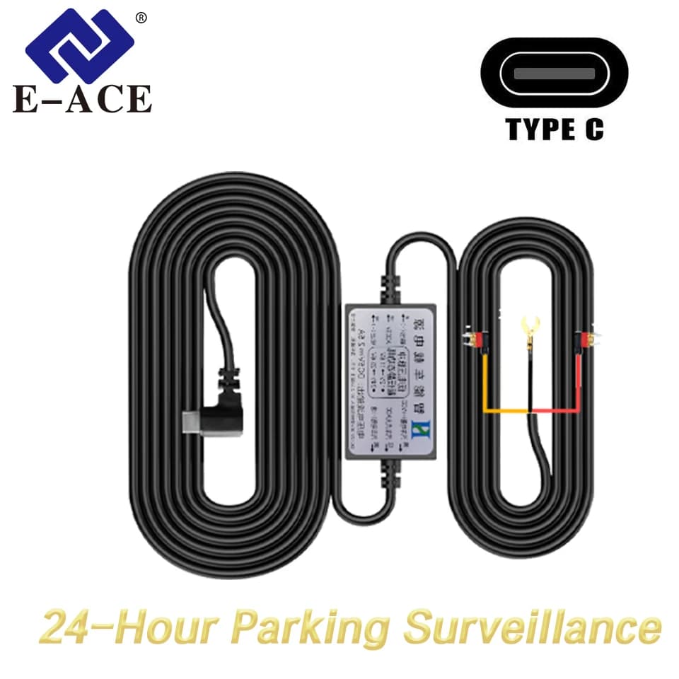 E-ACE 3.5 Meters Type C Mini USB Car Charger Cable Kit Buck Line for Parking Monitoring 24 Hours on Dash Cam Rearview Mirror