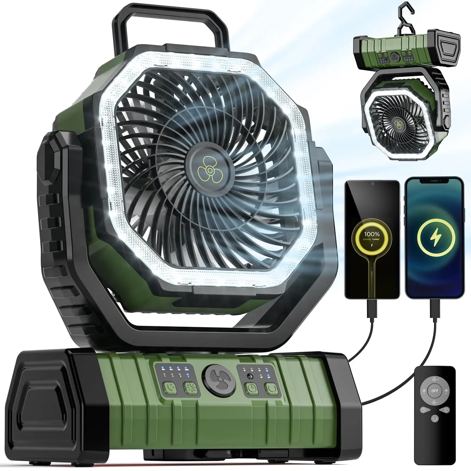 Ventilatore da Campeggio a Batteria da 20000mAh con Luce LED e Telecomando, 4 Velocità del Vento, Timer, USB C, Rotazione a 360° ° Gancio da appendere per viaggi