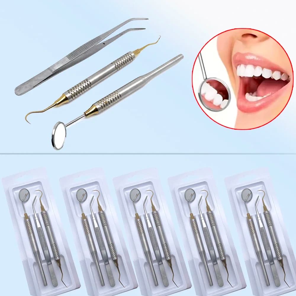 Set of 3 Pieces: Dental mirror, Stainless steel tweezers, Curved probe, Dentist tools, Cleaning and whitening teeth, Dentist tools