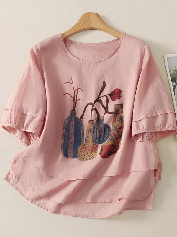 Cotton Linen Printed T-Shirt Women's Summer New Loose Casual Breathable Overhead Short Sleeve Top round Neck Regular Fit