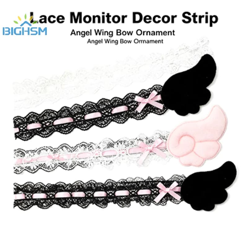 Computer Monitor Decor Strip Black Bow Lace Wings Design Desk Screen Decor Gaming Room Display Screen Ornaments