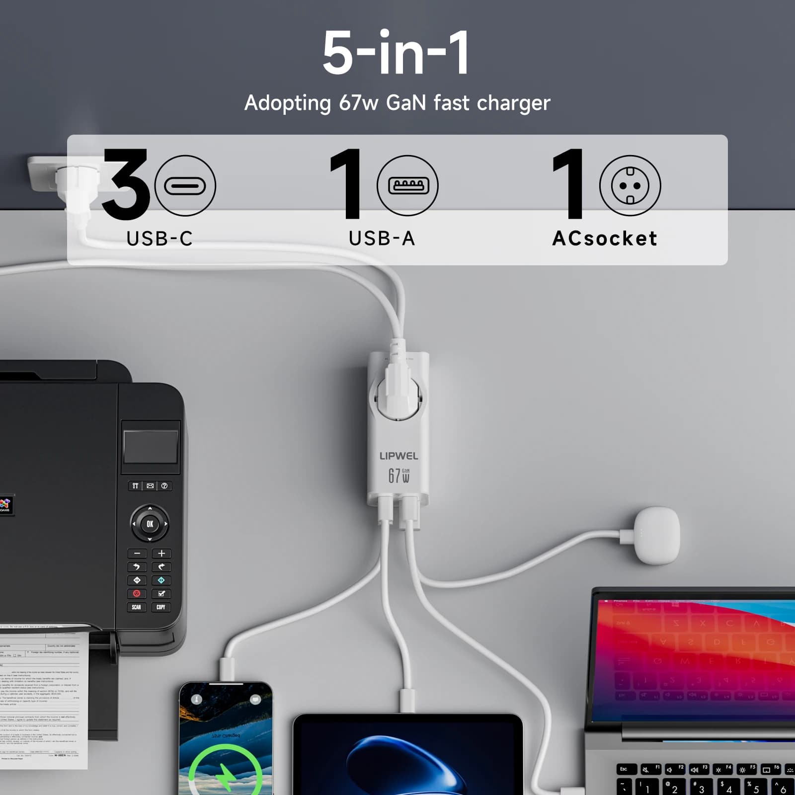 LIPWEL 67W GaN Travel Grip Adapter, Universal European Power Adapter Portable Fast Recharge Hub for Travel and Daily Use