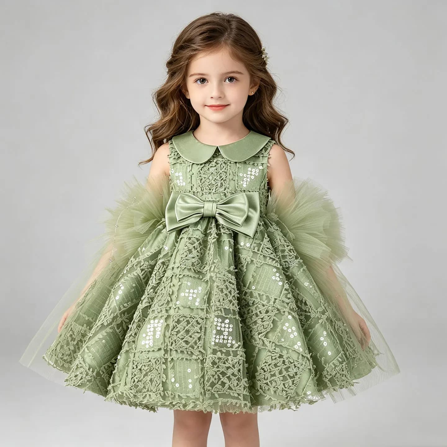 Jill Wish J898 Girls Sage Green Sequin Lace Dress with Peter Pan Collar & Big Bow, Puff Tulle Sleeve Princess Gown Elegant