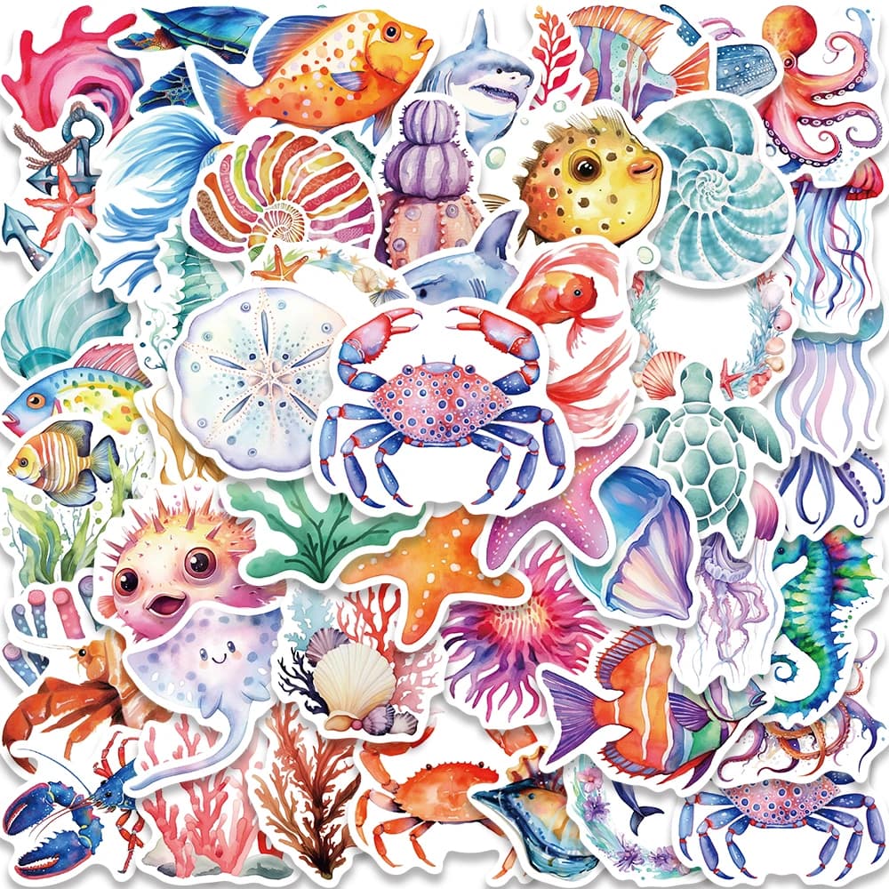 50 pezzi acqua colorata animali marini marini vita estetica adesivo auto frigorifero bottiglia laptop diario telefono graffiti decalcomanie regalo per bambini