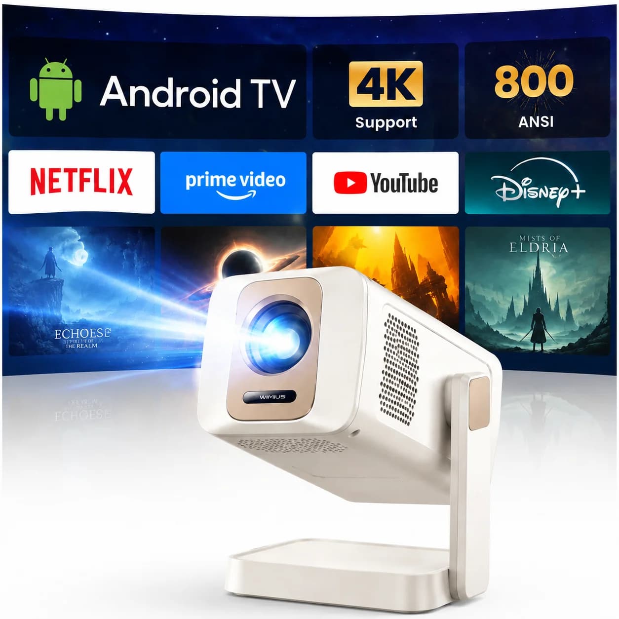 Wimius Android 14 Smart Projectors Full HD 1080P Wifi 6 High Quality Home Cinema Beam Mini Portable Projector for Movie