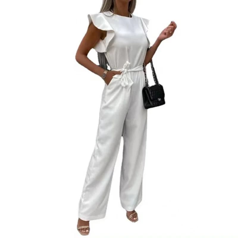 Tuta da donna 2023 in stile europeo e americano, disponibile in magazzino, per Amazon, con lacci, tinta unita, senza maniche, con volant, casual.