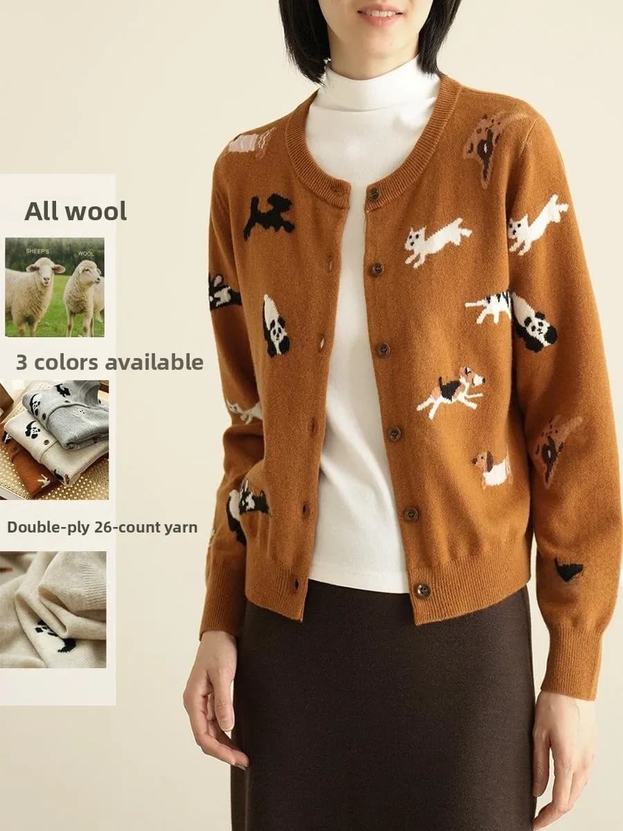 Women's ort Knitted Open Cardigan Fine Spun Pure Wool Double Tead 26 Yarn Floral Embellied Anti-Aging Sweater Autumn Wi...