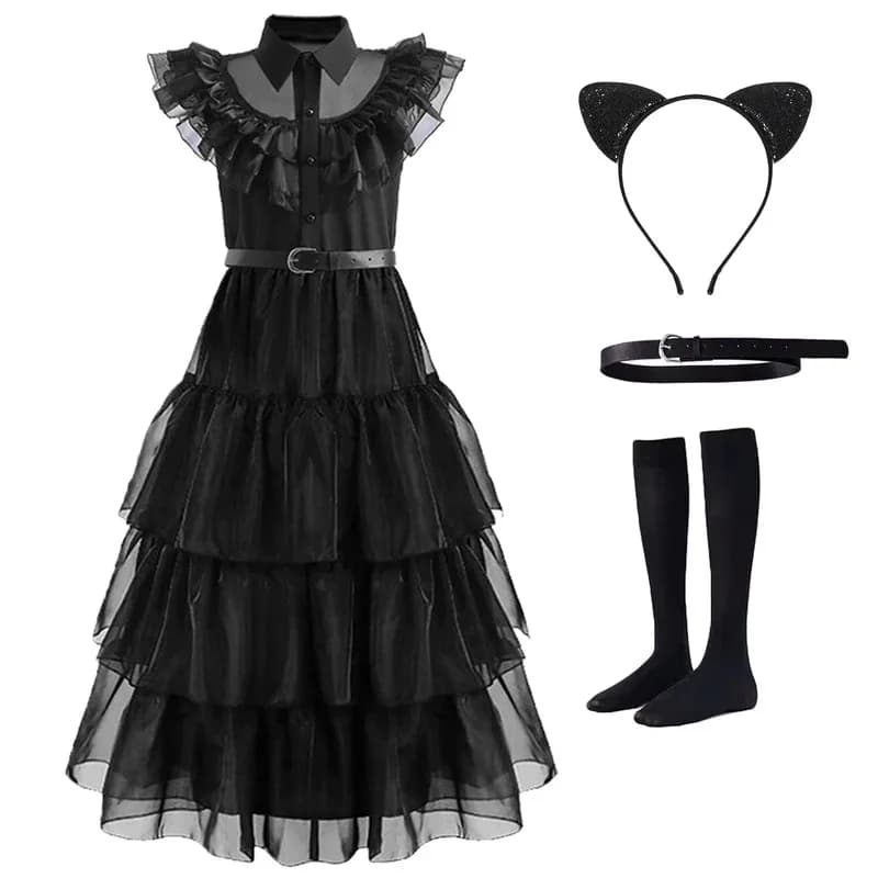 25COSGirls Black Halloween Cosplay Costume Kids Princess Dress With Wigs Belt Socks Cat Ears Headband Birthday Party Halloween O