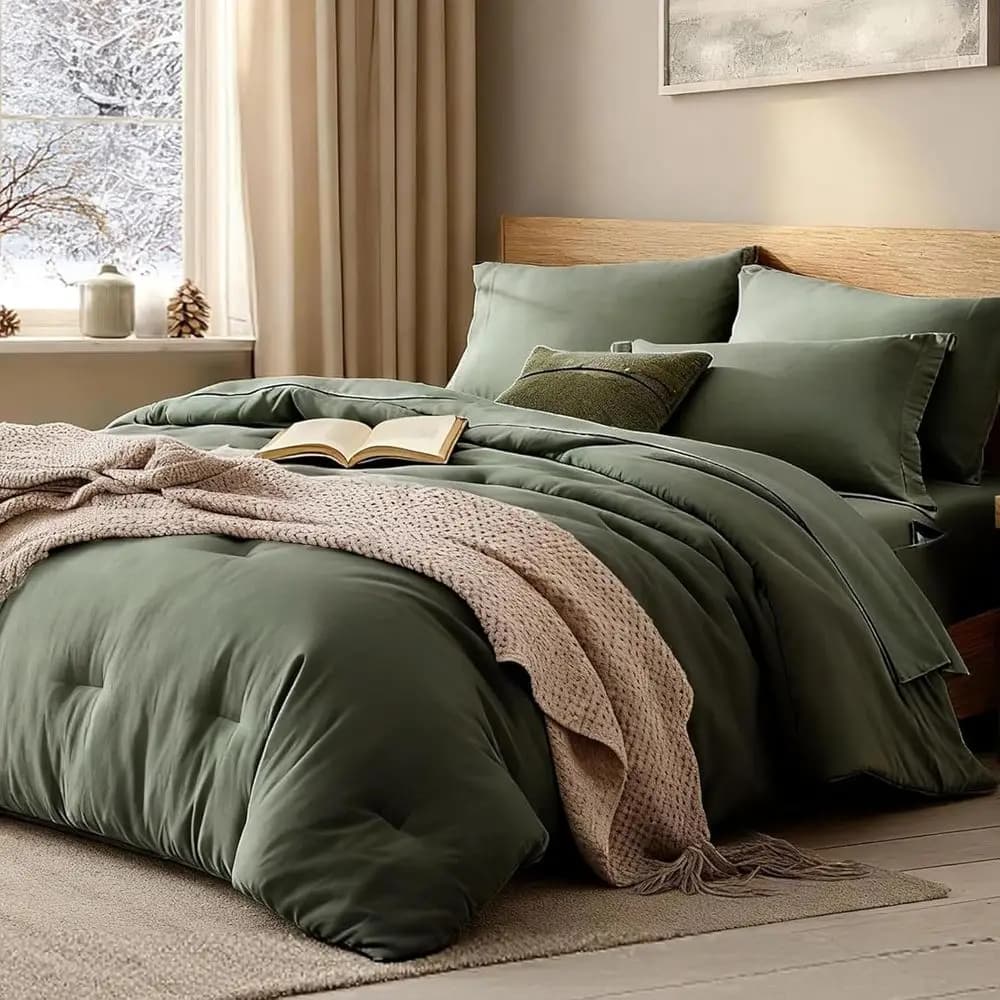 Set Comfort Super King Plus - 7 Pezzi Verde Oliva in Confezione Compatta con Lenzuolo con Angoli, Lenzuolo Piatto, 2 Federe e 2 Copricuscini