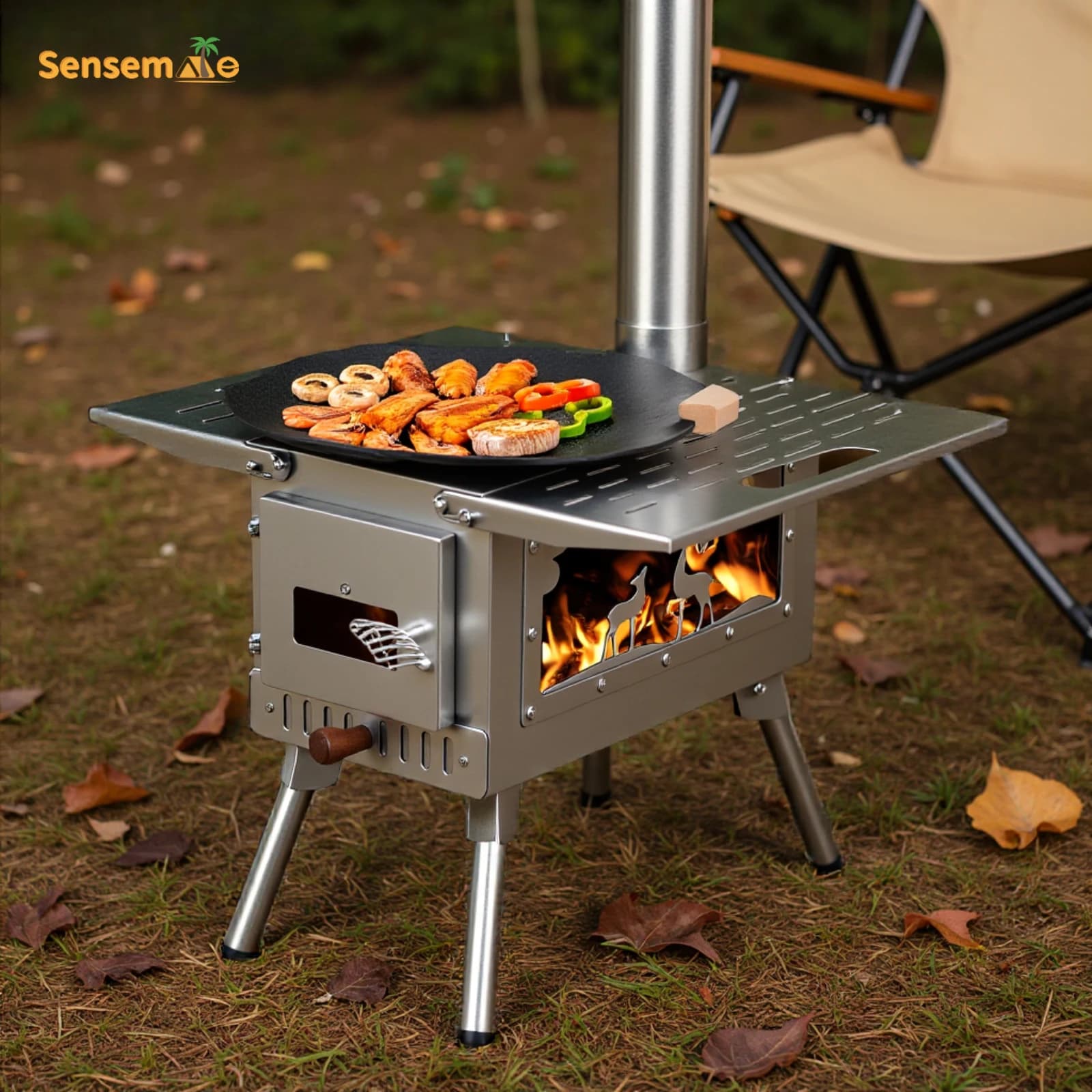 Stufa a Legna Portatile da Campeggio, Pieghevole in Acciaio Inox, Riscaldatore per Tenda a Doppia Combustione con Canna Fumaria per Cucina all'Aperto