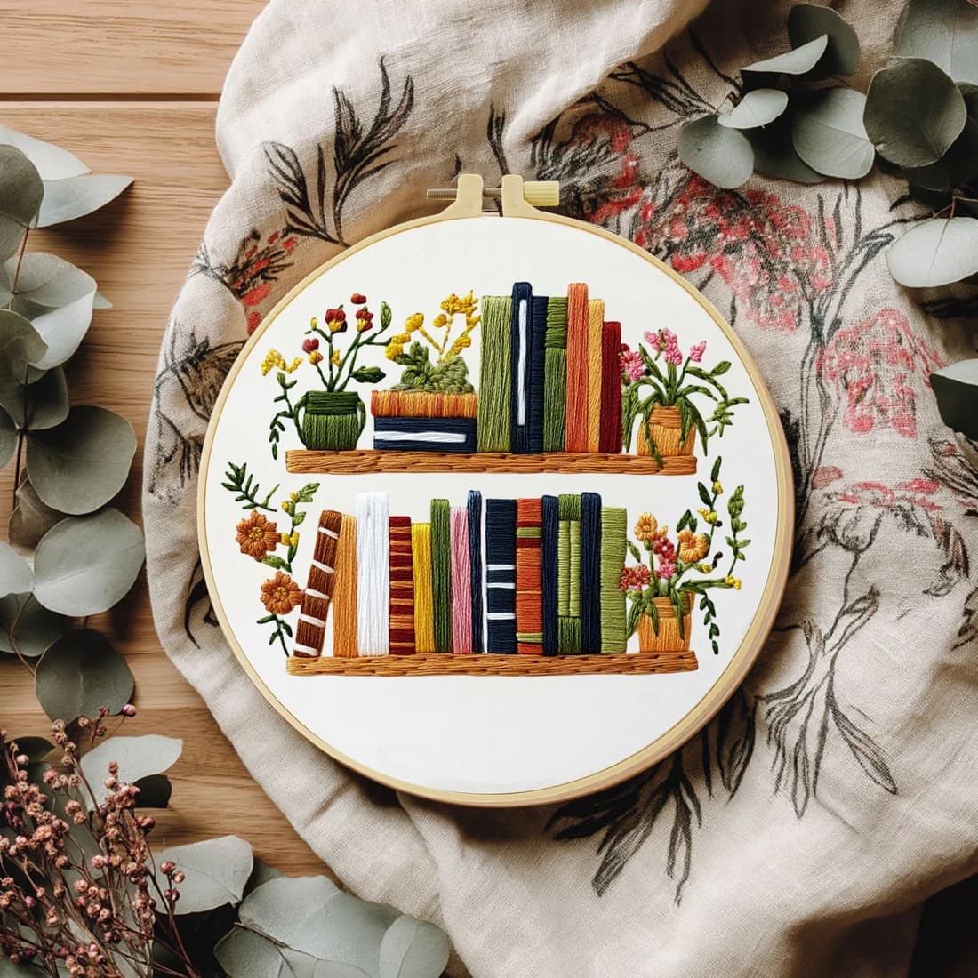 Kit Ricamo Fai da Te 1pz 20x20CM/15x15CM - L'Albero sulla Libreria - Punto Croce per Regalo