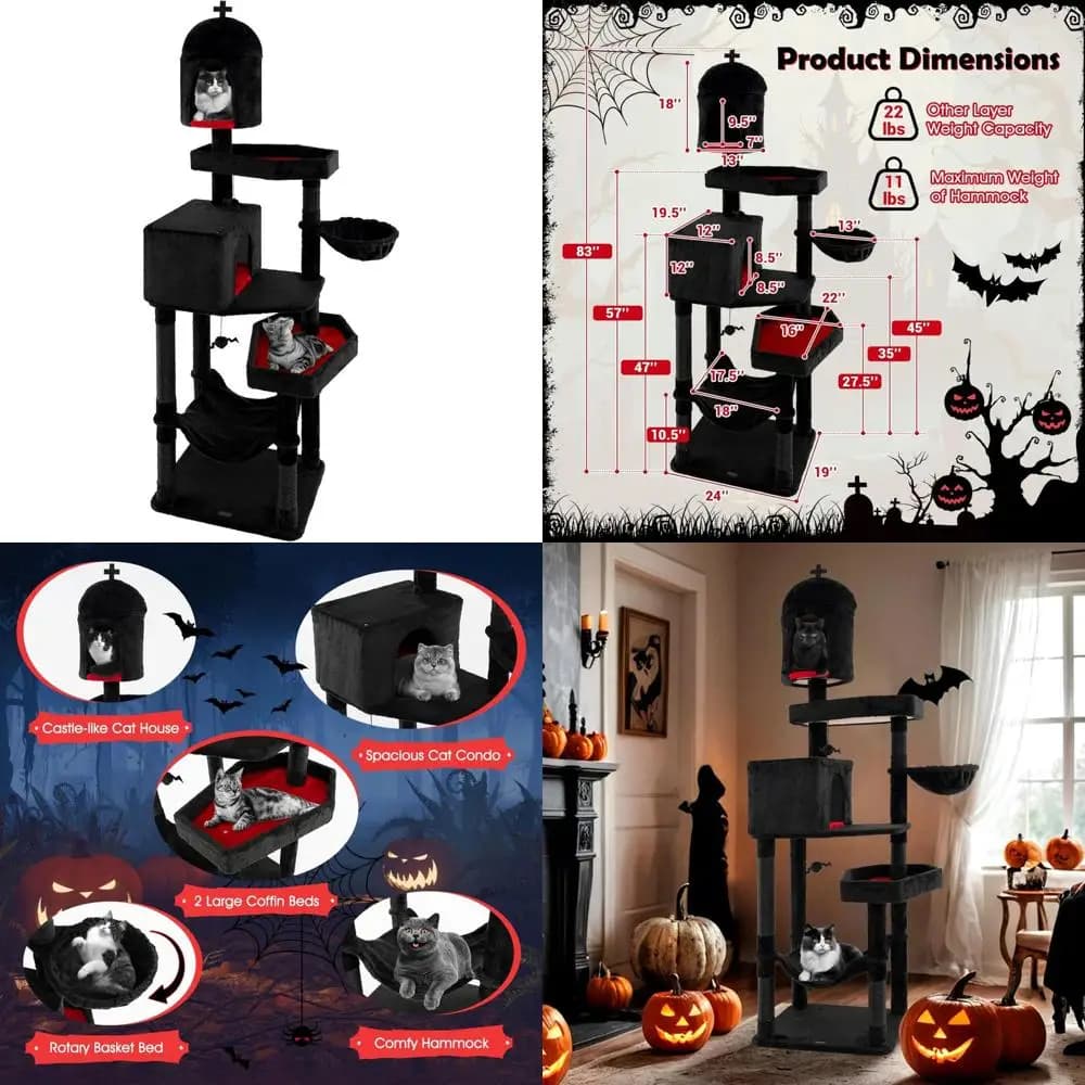 Torre per gatti alta 83 pollici in stile gotico con tema Halloween multilivello, letti per bara, tiragraffi, 2 condotti, giocattoli pendenti per