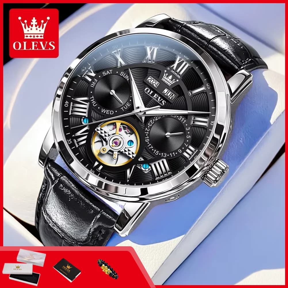 OLEVS 6668 Orologio Automatico da Uomo con Quadrante Scheletrato a Numeri Romani, Cinturino in Pelle, Impermeabile, Doppio Calendario, Orologio da Polso Meccanico per Uomini