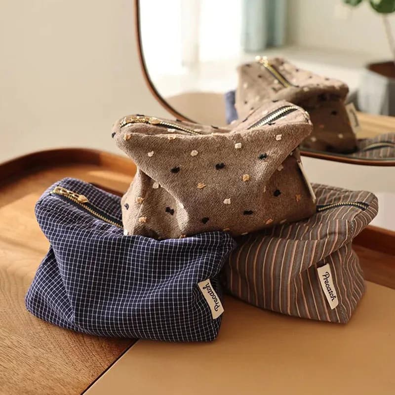 Borsa Cosmetica in Tessuto a Quadri e Righe, Borsa Portaoggetti Quadrata Tridimensionale con Cerniera, Borsa da Viaggio Portatile, Borsa Interna per Trucchi