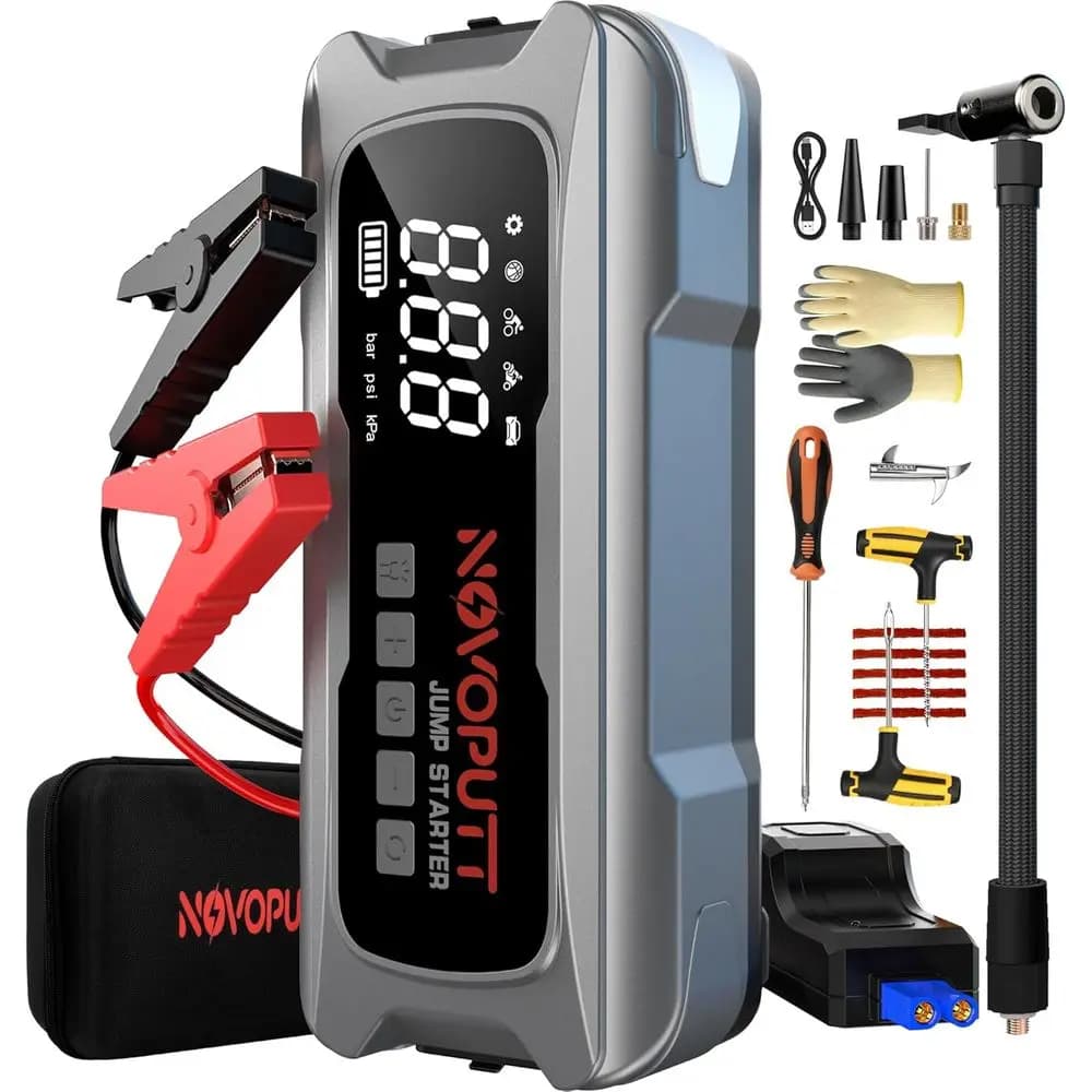 Avviatore di Emergenza Portatile 6000A con Compressore d'Aria, Ricarica Rapida 65W, Pompa d'Aria a Doppio Cilindro, Kit Booster Batteria 12V