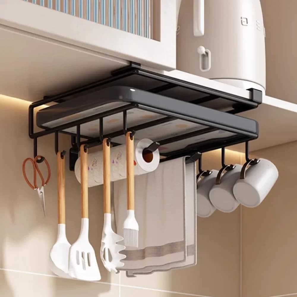 Multi-Purpose Storage Shelf for Paper Towel Cutting Board Pot Lids Household and Kitchen Under Cabinet Organizer Rack with Hooks