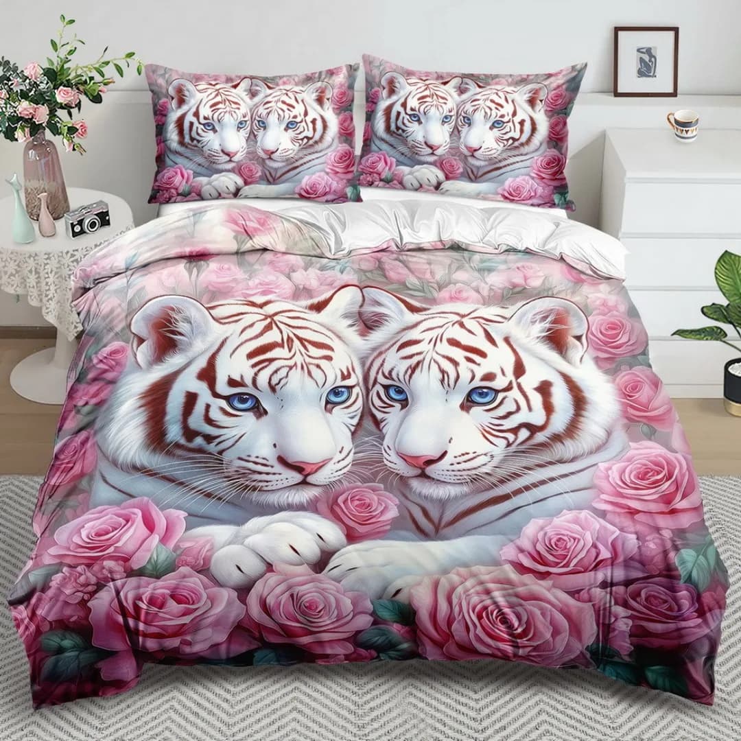 Set biancheria da letto moda 3 pezzi Tiger Pink Rose Stampa digitale Comodo copripiumino traspirante King Queen Twin Taglia unica per regalo