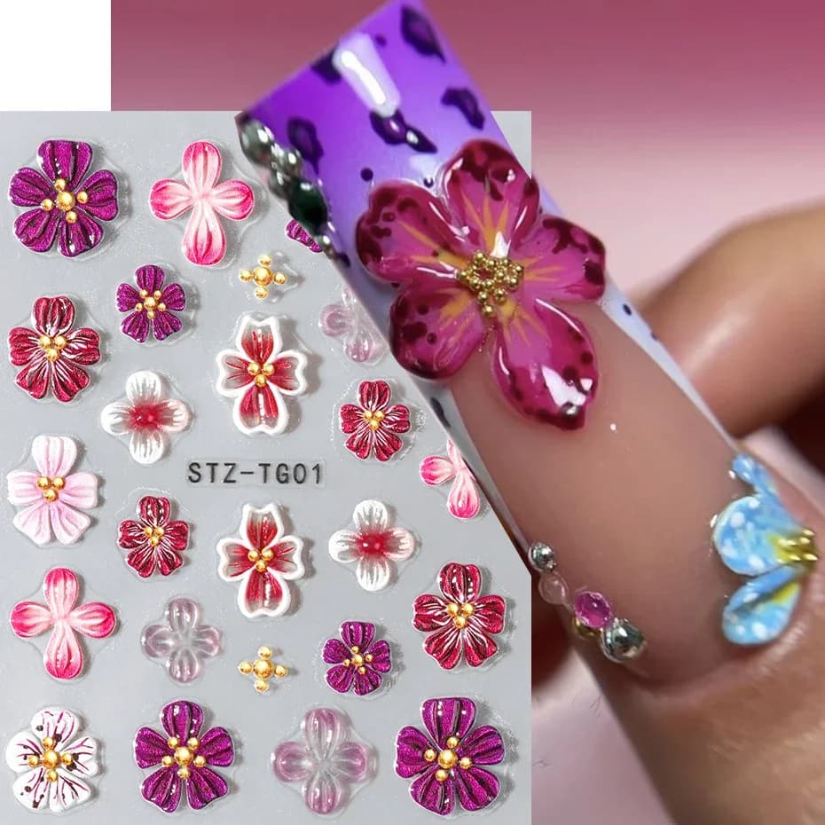 Adesivi per Unghie Hipster con Fiori Viola e Rosa, Rose, Gigli Primaverili, Camellie, Margherite, Fiori di Ciliegio, Magnolia - XY