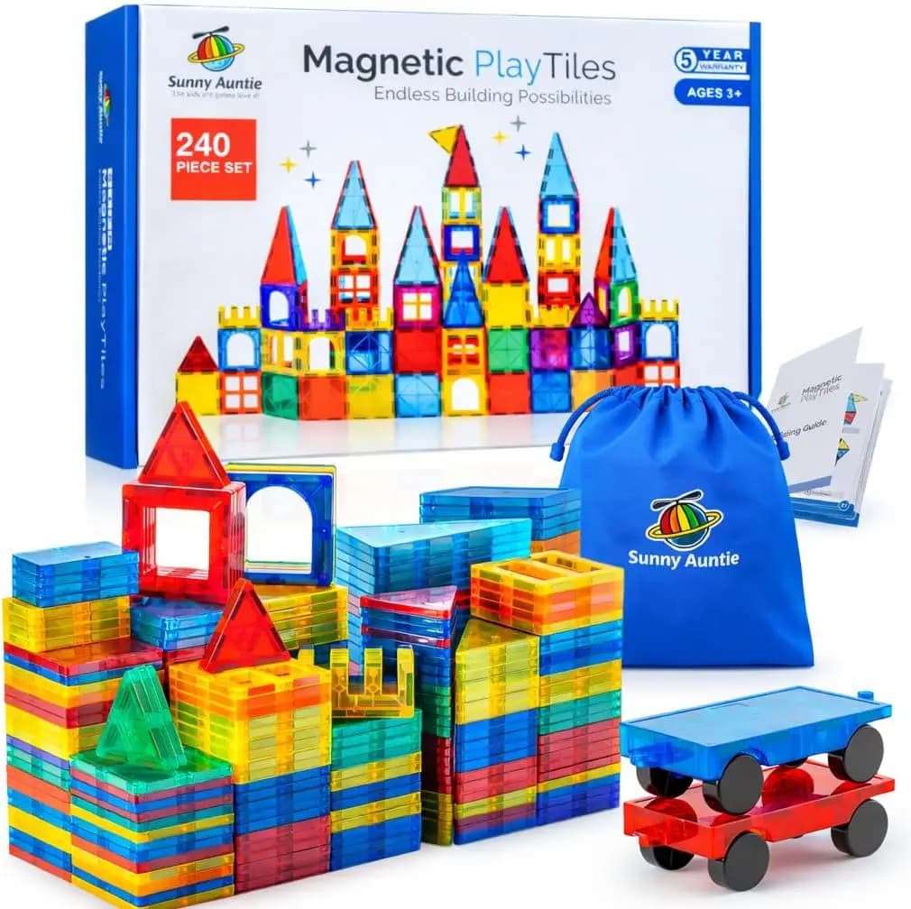 Set di 240 Piastrelle Magnetiche da Costruzione con Borsa Portaoggetti, Giocattolo Educativo STEM per Bambini dai 3 agli 8 Anni