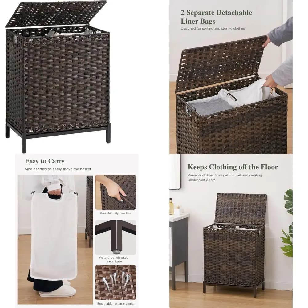 Cesto Portabiancheria in Rattan Intrecciato a Mano con Coperchio, 112L, 2 Fodere Rimovibili, 6 Sacchetti a Rete, Cesto a 2 Scomparti per Uso Domestico, Marrone