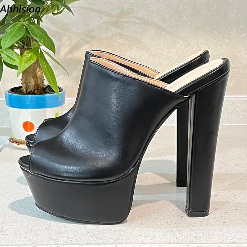 Ahhlsion New Arrival Women Platform Mules Sandals Chunky Heels Peep Toe Black Party Shoes Ladies Plus US Size 5-15