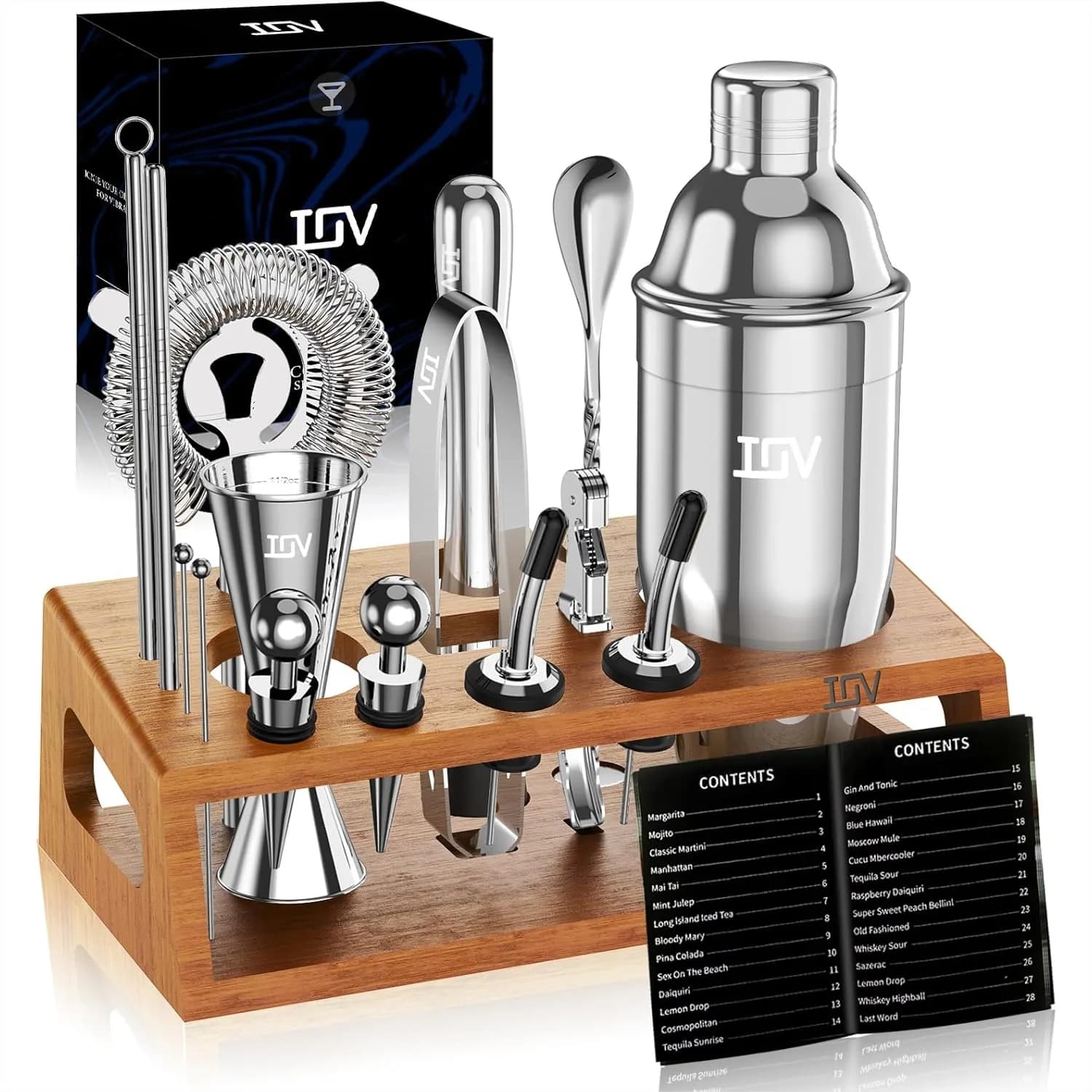 Set da Cocktail Professionale con Supporto, Kit Barman da 17 Pezzi con Shaker Martini, Jigger, Colino, Cucchiaio, Muddler, Ricettario