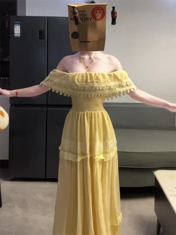 Elegante Abito Lungo a Trapezio Primavera Autunno Nuovo Stile con Colletto Quadrato, Maniche a Volant e Vita Alta Arricciata per Donna