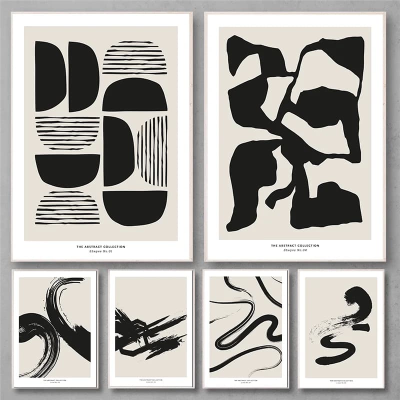 Minimalist Paint Strokes Abstract Wall Art Print Black and Beige Line Scribbles Poster Mid Century Brush Geometric Picture Decor