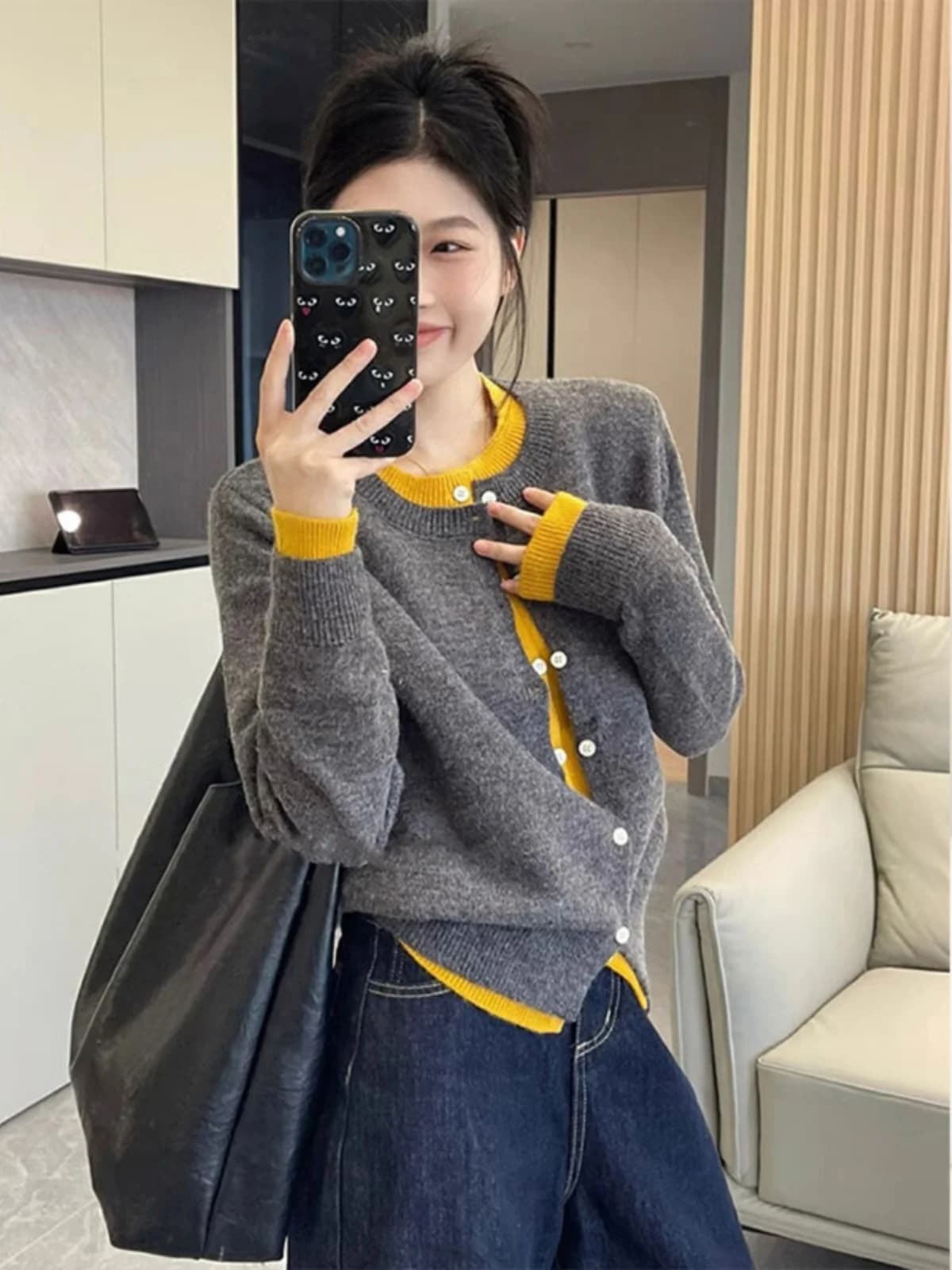 Gray Thickened Knitted Open Cardigan Women's Autumn Winter Chic New Sweater Jacket Splice Color Design Sense Female Fashion