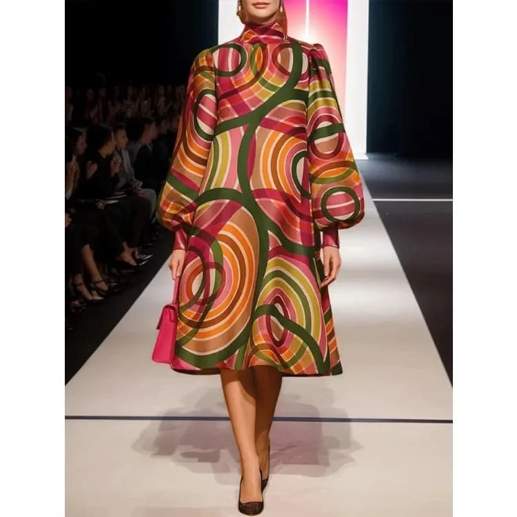 2026 New Women's Multicolor Geometric Printed Elegant Evening Midi Dresses Loose Puff Sleeves High Neck Lace-up Party Gown
