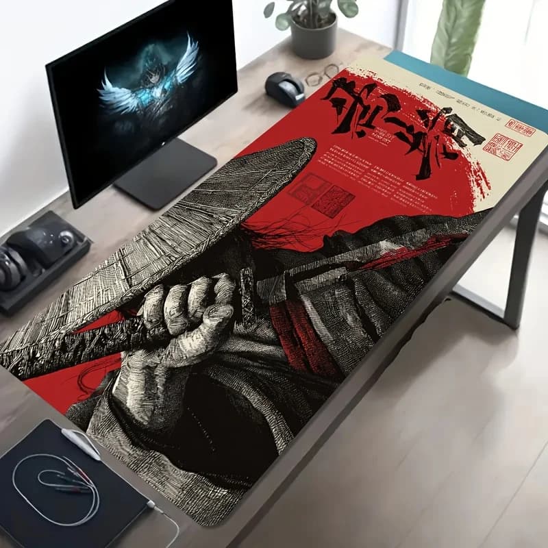 Tappetino per Mouse da Gaming Grande con Motivo Vintage Samurai, Spada Rossa e Nera, Base in Gomma Antiscivolo Lavabile, Tappetino da Scrivania Durevole per Giocatori
