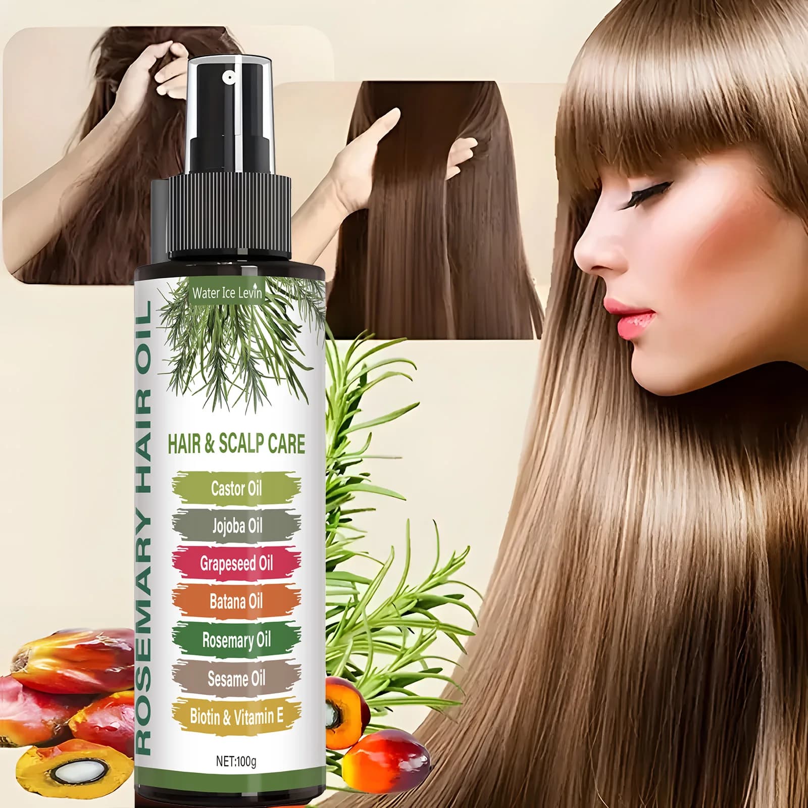 Rosemary hair lacquer uses rosemary oil, mint oil and extra horsetail grass leaves to hydrate hair roots Brings hair fragrance, makes your hair look bright and beautiful