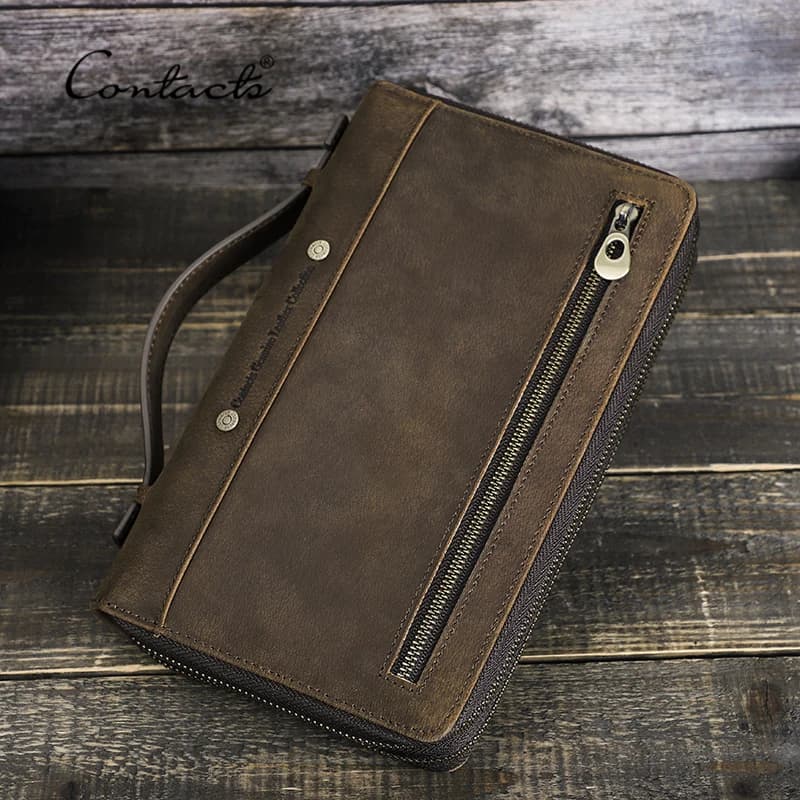 CONTACT'S Men's pouch Designer in real leather Men's bag with double zipper Long bag Casual wallet High quality pochette