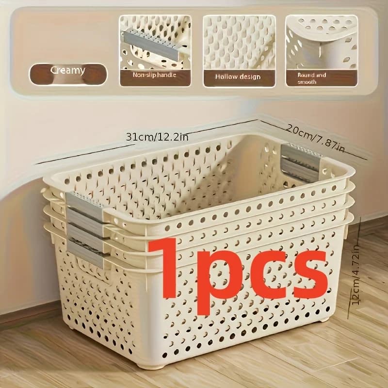 Large-capacity plastic storage box with an open-grid design and smooth edges—heavy-duty, multi-purpose organizer, perfect for closets, kitchens, bathrooms, bedrooms, and offices. Sturdy stackable baskets, shelf baskets